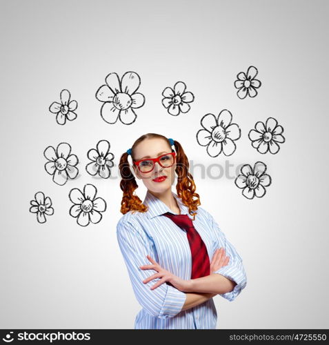 Funny girl in red glasses. Image of funny girl in red glasses