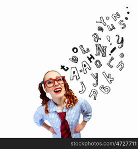 Funny girl in red glasses. Image of funny girl in red glasses