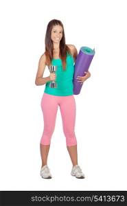 Funny girl in sportswear with a mat and dumbbell isolated on white background