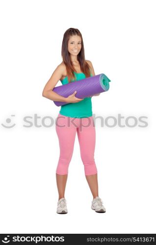 Funny girl in sportswear with a mat isolated on white background