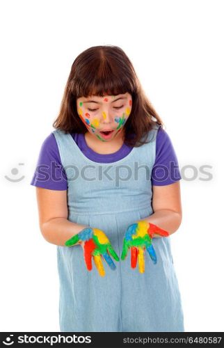Funny girl looking at her hands with paint. Funny girl looking at her hands with paint isolated on a white background