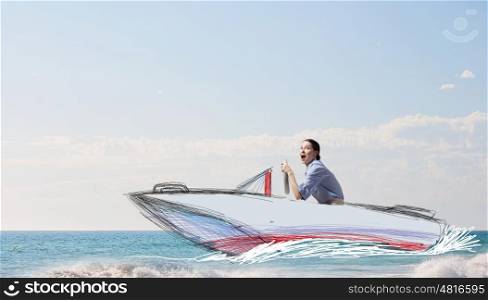 Funny girl riding boat. Young woman riding on drawn sailing boat on sea waves
