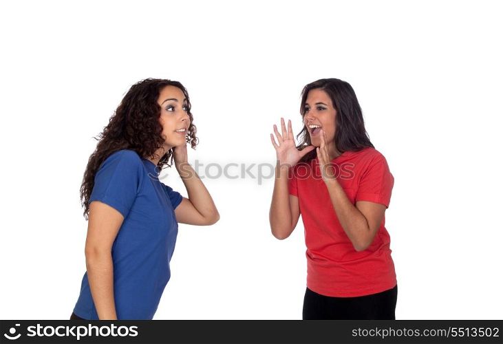 Funny girl shouting somethin to her friend isolated on white background