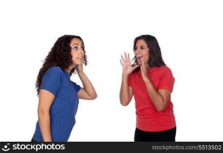 Funny girl shouting somethin to her friend isolated on white background