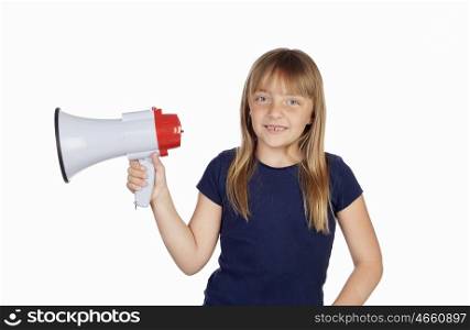 Funny girl with a megaphone isolated on white background