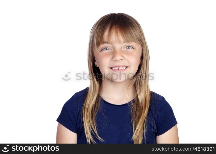 Funny girl with a new teeth isolated on white background