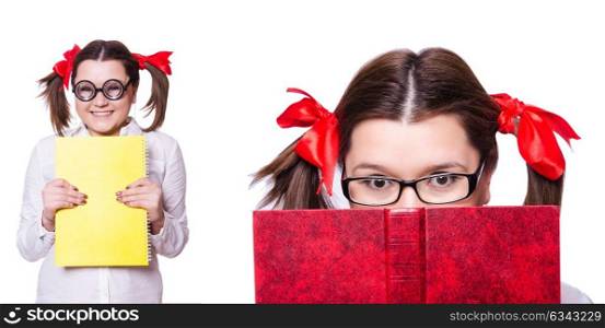 Funny girl with book on white