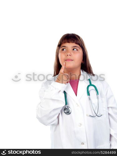 Funny girl with doctor uniform isolated on a white background