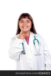 Funny girl with doctor uniform isolated on a white background