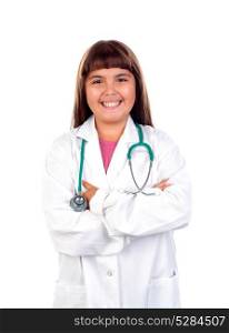 Funny girl with doctor uniform isolated on a white background