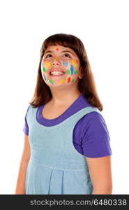 Funny girl with face full of paint . Funny girl with face full of paint isolated on a white background