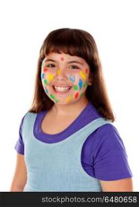 Funny girl with face full of paint . Funny girl with face full of paint isolated on a white background