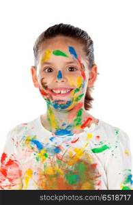 Funny girl with hands and face full of paint. Funny girl with hands and face full of paint isolated on a white background