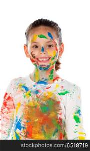Funny girl with hands and face full of paint. Funny girl with hands and face full of paint isolated on a white background