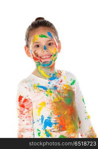 Funny girl with hands and face full of paint. Funny girl with hands and face full of paint isolated on a white background