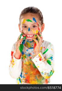 Funny girl with hands and face full of paint. Funny girl with hands and face full of paint isolated on a white background