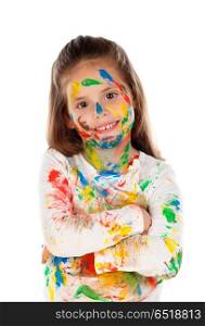Funny girl with hands and face full of paint . Funny girl with hands and face full of paint isolated on a white background