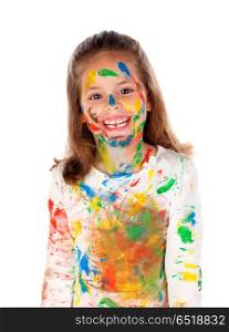 Funny girl with hands and face full of paint . Funny girl with hands and face full of paint isolated on a white background