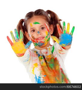 Funny girl with hands and face full of paint. Funny girl with hands and face full of paint isolated on a white background