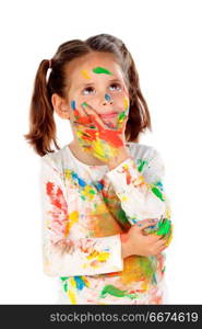 Funny girl with hands and face full of paint. Funny girl with hands and face full of paint isolated on a white background