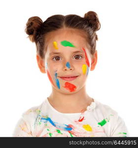 Funny girl with hands and face full of paint isolated on a white background