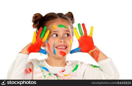 Funny girl with hands and face full of paint isolated on a white background