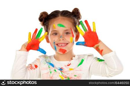 Funny girl with hands and face full of paint isolated on a white background