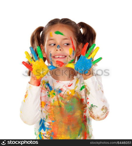 Funny girl with hands and face full of paint isolated on a white background