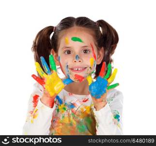 Funny girl with hands and face full of paint isolated on a white background