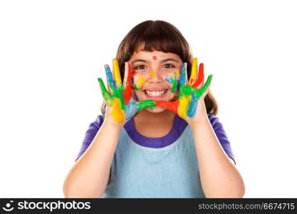 Funny girl with her hands dirty of paint . Funny girl with her hands dirty of paint isolated on a white background