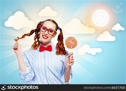 Funny girl with lollipop. Image of funny lady in red glasses with lollipop