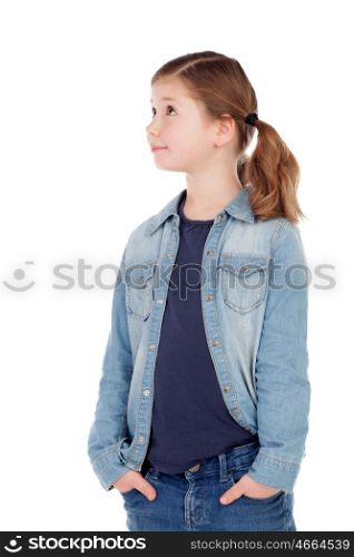Funny girl with pigtails looking up isolated on a white background