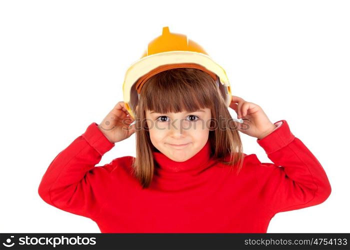 Funny girl with yellow helmet isolated on a white background