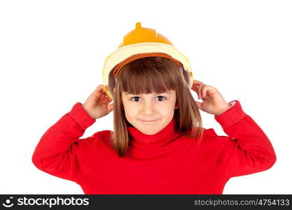 Funny girl with yellow helmet isolated on a white background