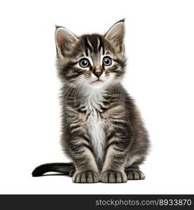 Funny gray kitten with beautiful big eyes posing on white background. Lovely fluffy cat. Free space for text. Generative AI