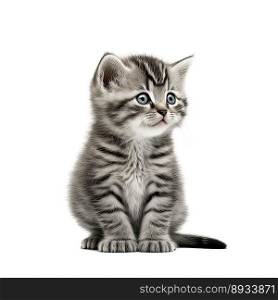 Funny gray kitten with beautiful big eyes posing on white background. Lovely fluffy cat. Free space for text. Generative AI