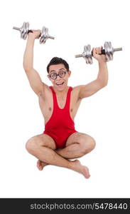 Funny guy exercising with dumbbells on white