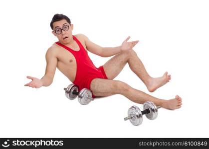Funny guy exercising with dumbbells on white