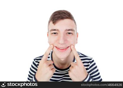 Funny guy grimacing with her face isolated on white background