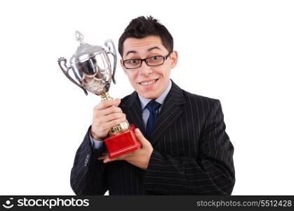 Funny guy receiving award on white