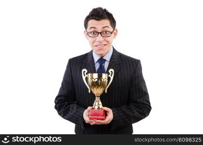 Funny guy receiving award on white