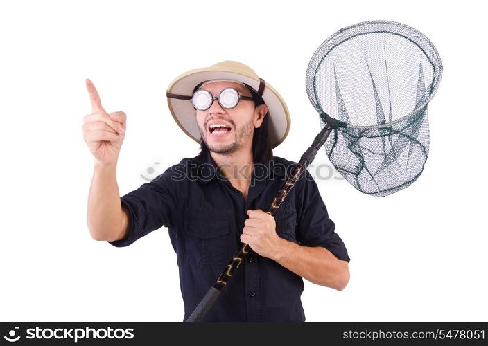 Funny guy with catching net on white