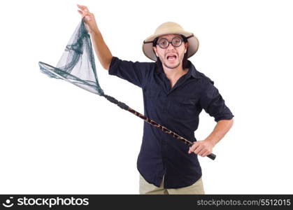 Funny guy with catching net on white