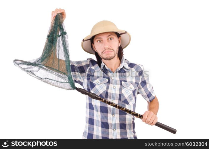 Funny guy with catching net on white