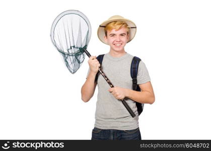 Funny guy with catching net on white