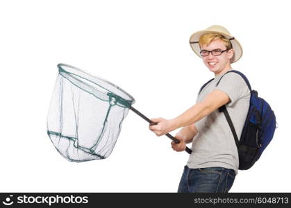 Funny guy with catching net on white