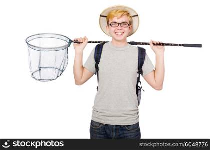 Funny guy with catching net on white
