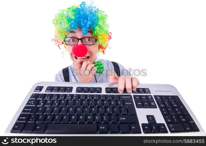 Funny guy with clown wig on white