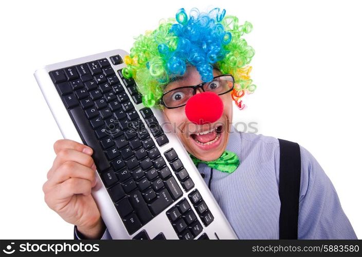 Funny guy with clown wig on white