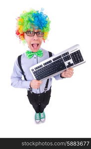 Funny guy with clown wig on white